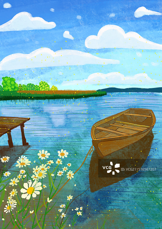 湖面的船风景插画海报图片素材