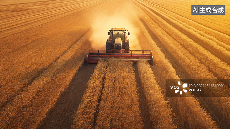 【AI数字艺术】收割机正在成熟的稻田里收割水稻图片素材