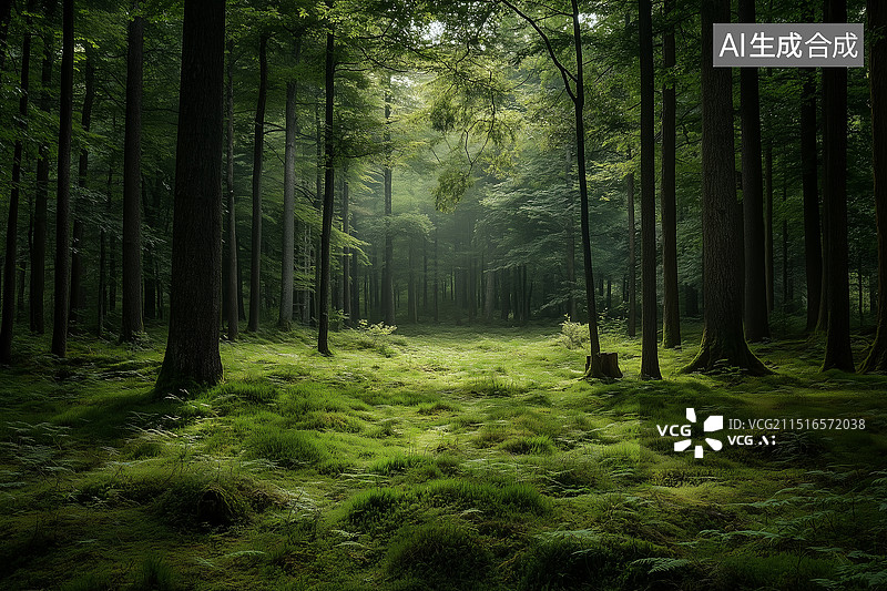 【AI数字艺术】原始森林的景色背景，丁达尔光图片素材