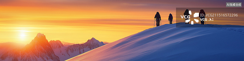 【AI数字艺术】攀登者在雪山的山脊上落日余晖背景图片素材