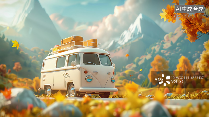 【AI数字艺术】3D秋天出游季自驾游卡通插画图片素材