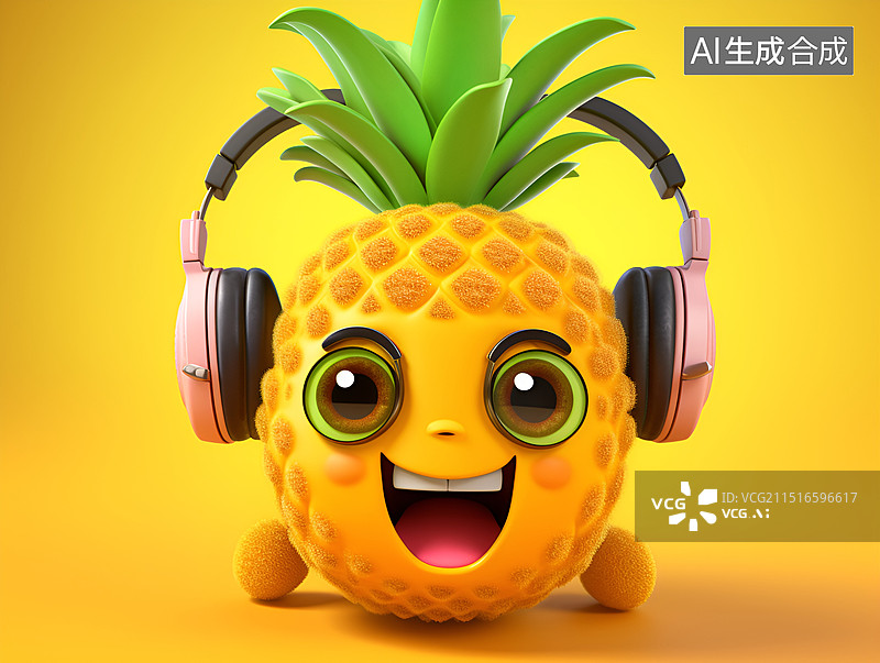 【AI数字艺术】戴耳麦的毛线织成的菠萝图片素材