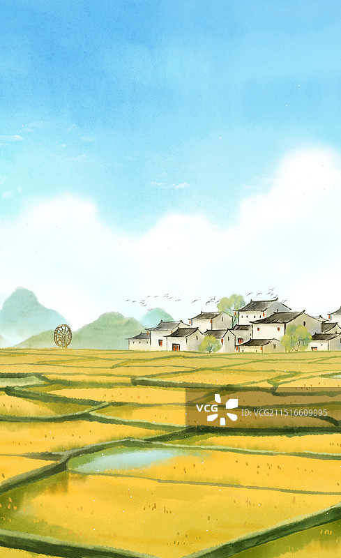 初秋秋天乡村农民丰收丰收的水稻稻田农村村庄—国画古风水墨国风插画图片素材