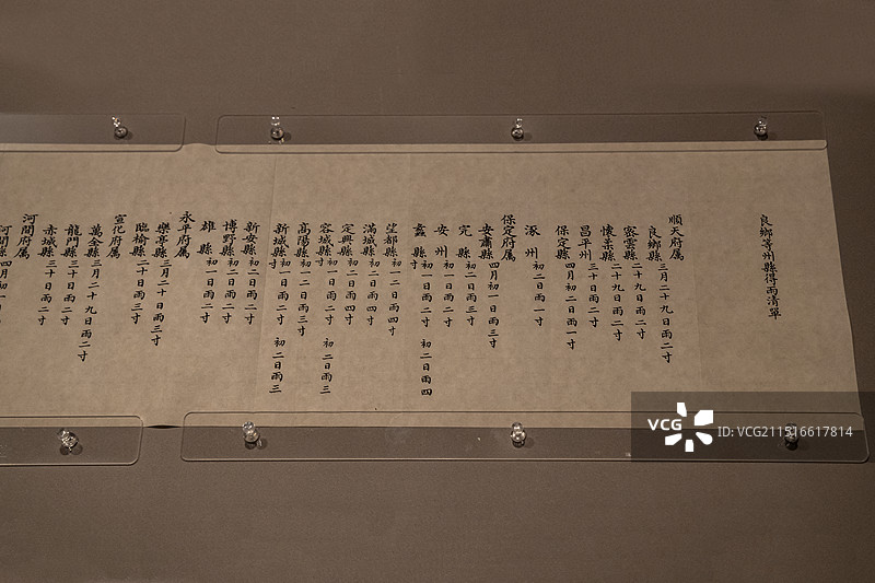 北京大运河博物馆“京津冀协同发展专题展”：呈直隶顺天府良乡等州县得雨清单（仿制品；清嘉庆三年）图片素材