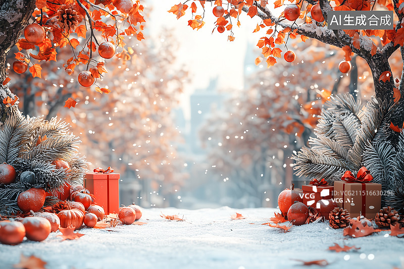 【AI数字艺术】3D秋冬促销氛围空背景雪地上的圣诞装饰品特写镜头图片素材