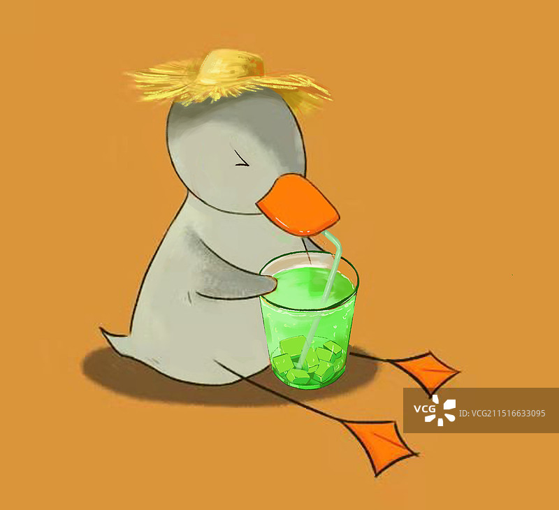 戴草帽的小鸭子在喝冰茶图片素材