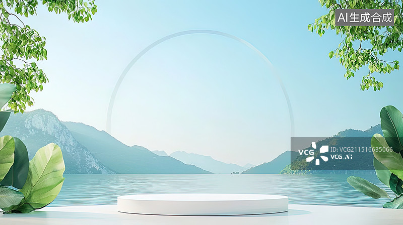 【AI数字艺术】自然山水间的极简几何电商广告展示台背景图片素材