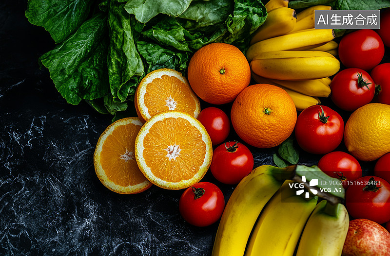 【AI数字艺术】橙子、香蕉、桔子等新鲜水果和蔬菜组成的多彩形状，适合水果产品的展示背景板图片素材