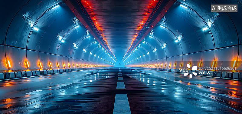 【AI数字艺术】彩色发光灯带科技感隧道背景图片素材