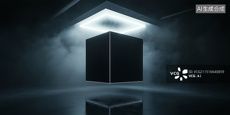 【AI数字艺术】科幻科技暗色空间的悬浮立方体3D立体插画图片素材