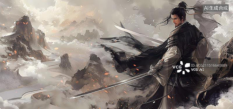 【AI数字艺术】水墨江湖中国风武侠剑客水墨山水背景图片素材