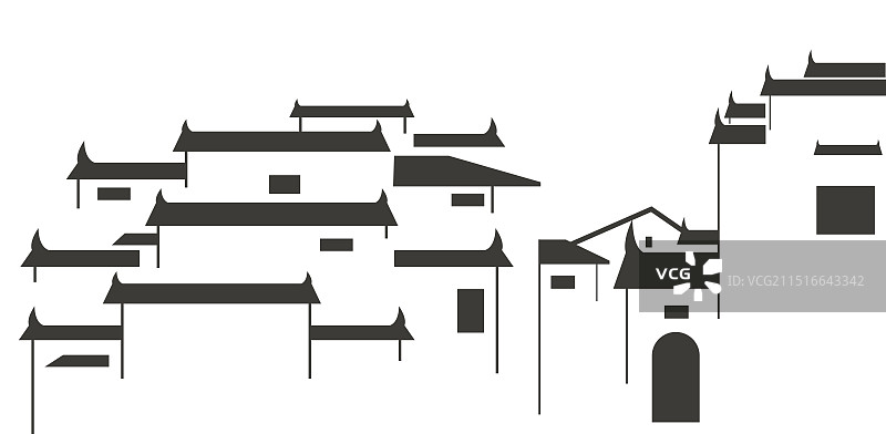 江南古风新中式徽派建筑黑白矢量简约插画图片素材