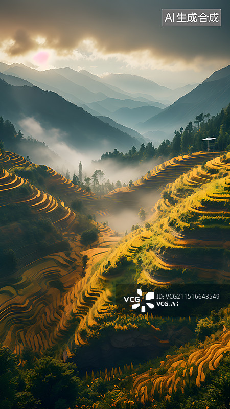【AI数字艺术】梯田秋季金色稻田全景图片素材