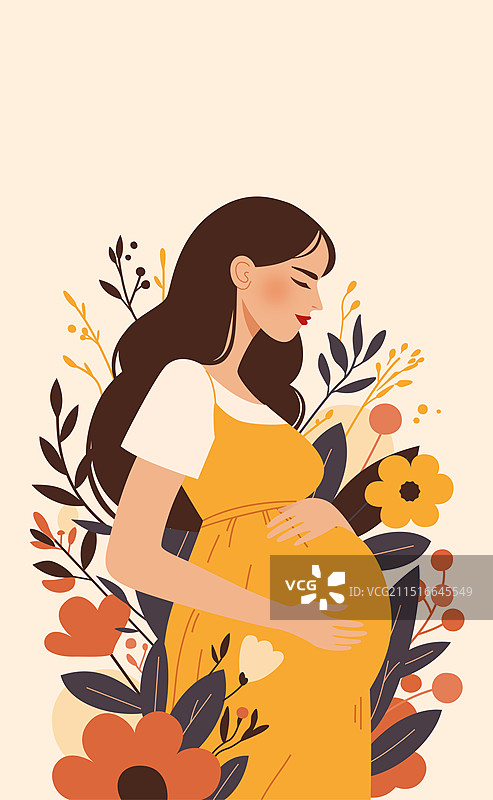 手摸着肚子的年轻准妈妈被花和植物环绕图片素材