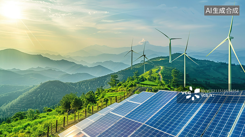 【AI数字艺术】山野中的太阳能光伏板与风力发电图片素材