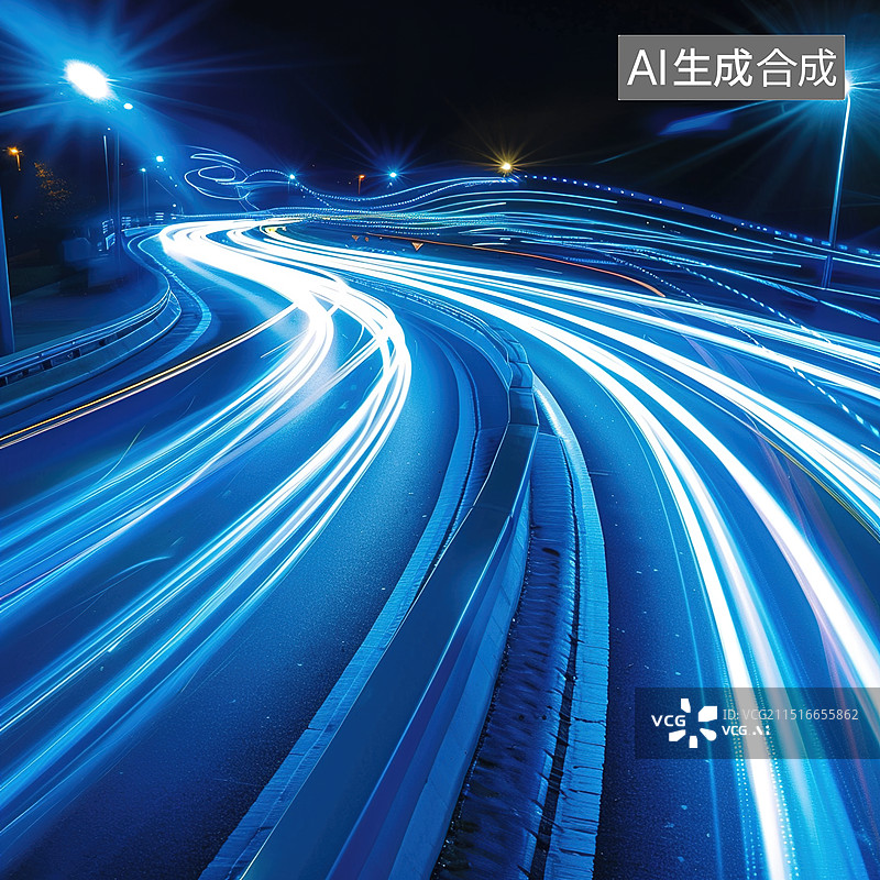 【AI数字艺术】夜晚的道路 车灯 车流 延时摄影图片素材