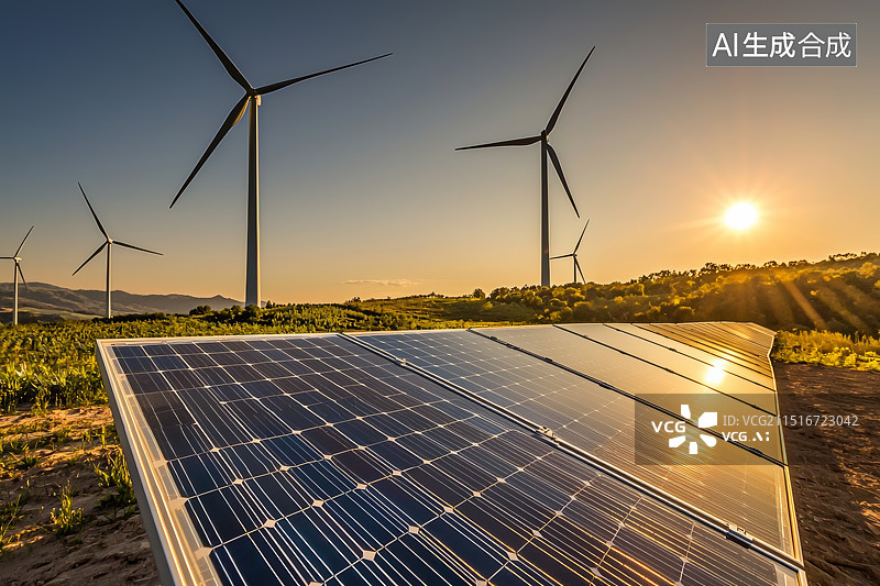 【AI数字艺术】日落下的风力发电与太阳能板图片素材