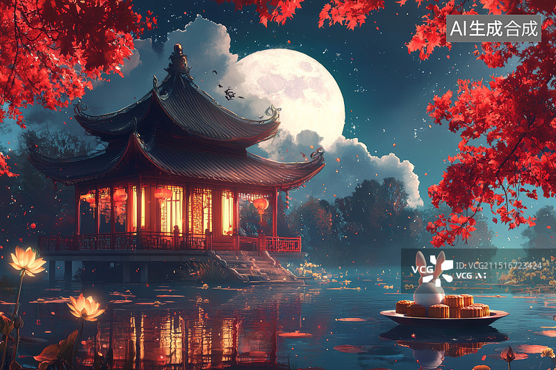 【AI数字艺术】月兔划船赏月，中秋之夜水上亭台美景图片素材