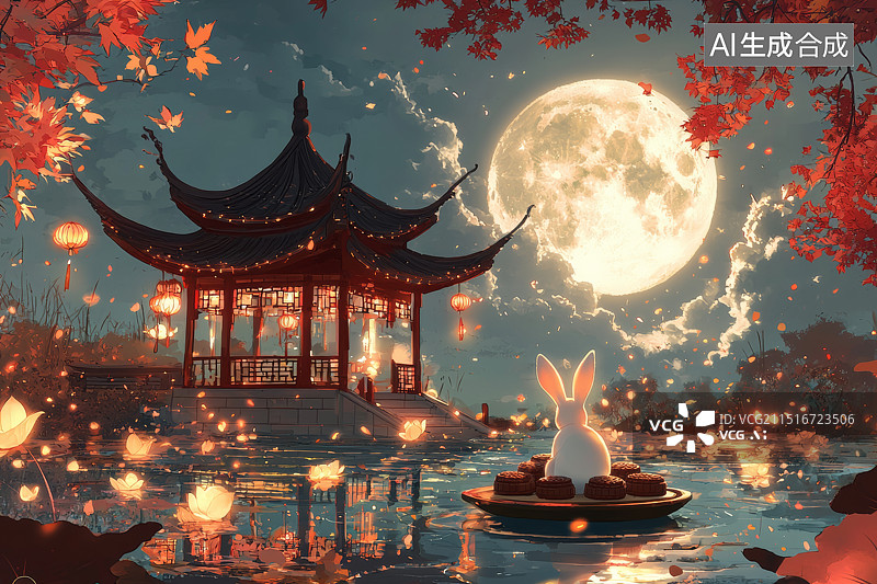 【AI数字艺术】月兔划船赏月，中秋之夜水上亭台美景图片素材
