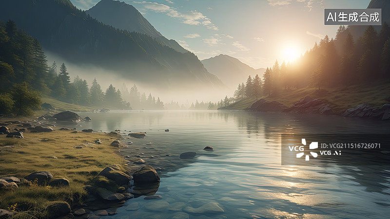 【AI数字艺术】清晨的森林高山湖泊自然风景图片素材