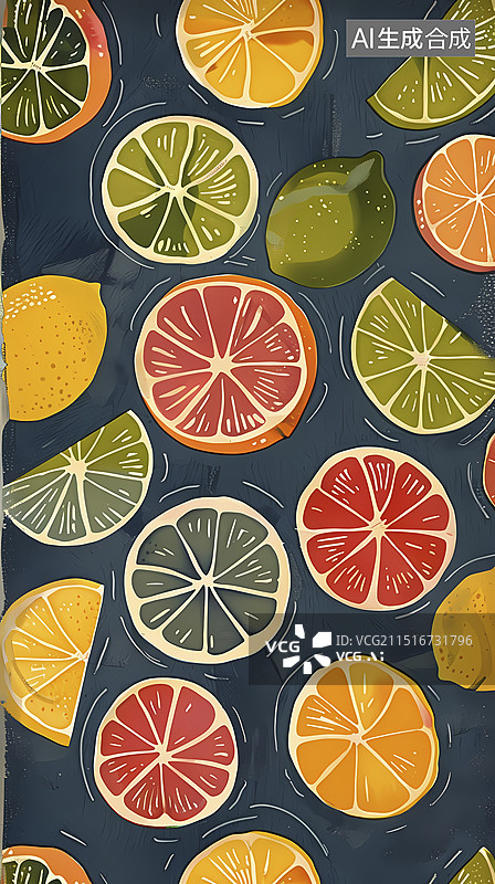 【AI数字艺术】水果葡萄柚橘子柠檬切片插画海报背景图片素材