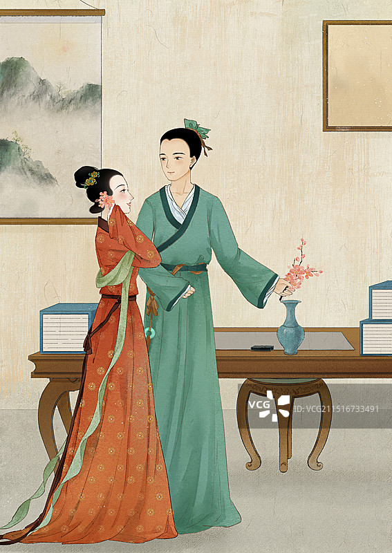 古代工笔人物七夕节情侣爱人男子给女主簪花—国画古风水墨国风工笔插画图片素材