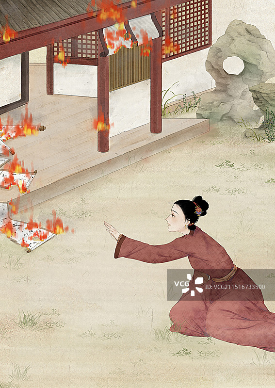 古代着火的房子烧着了卷轴跪坐着的伤心女子—国画古风水墨国风工笔插画图片素材