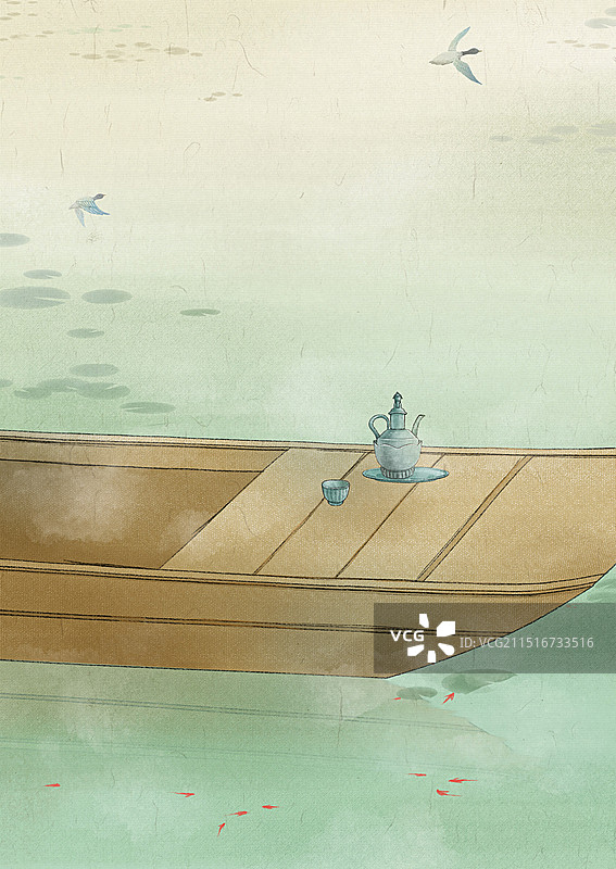 初夏季节游船踏春春游的诗意背景—国画古风水墨国风工笔插画图片素材