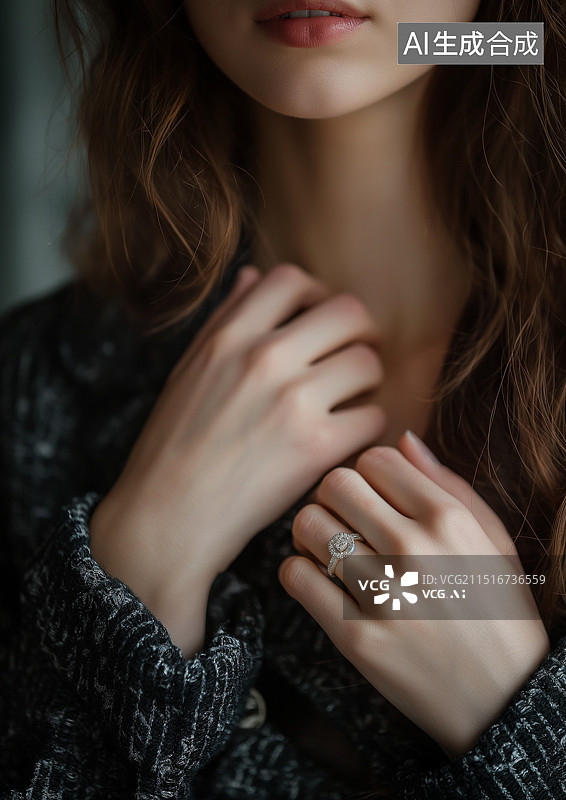 【AI数字艺术】漂亮的女人手指上佩戴钻戒图片素材