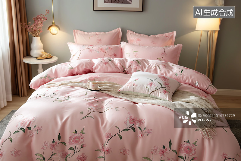 【AI数字艺术】卧室里中国风刺绣被子图片素材