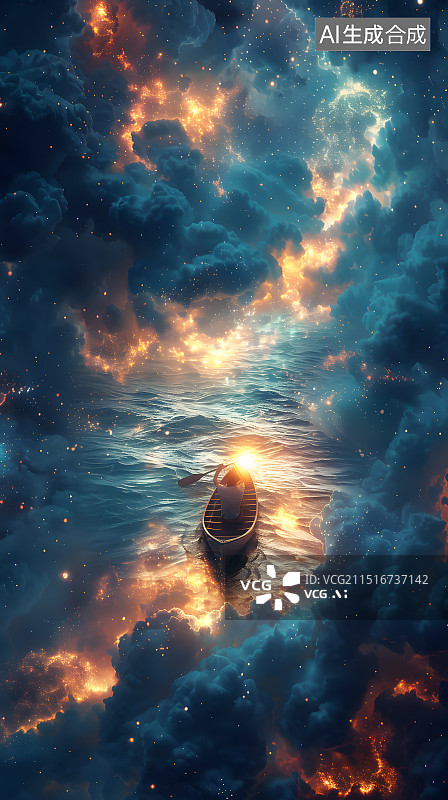 【AI数字艺术】一艘小船在蓝色的海面上行驶图片素材