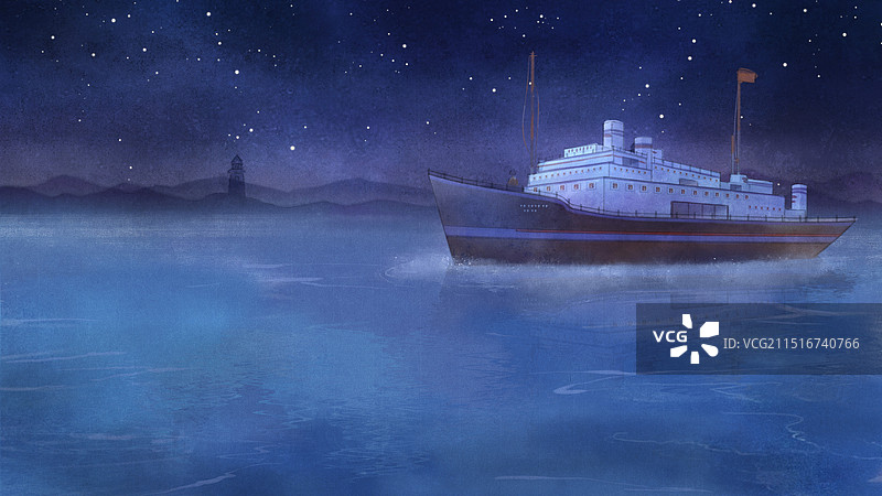 海上的游轮轮船驶向港口—水彩清新治愈肌理插画图片素材