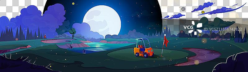 夜间高尔夫球场卡通景观图片素材