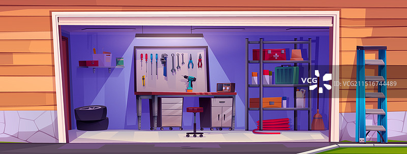 带机械工具的车库内部图片素材