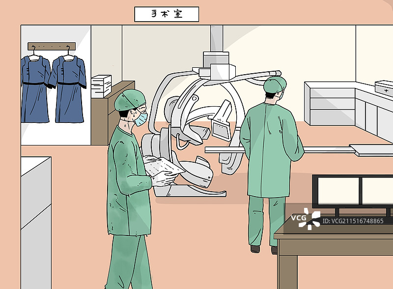 医疗病房手术室里的医生护士医师节-线条治愈系人物插画图片素材