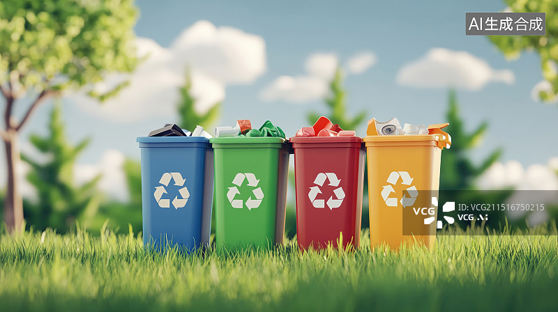 【AI数字艺术】可循环回收标志和垃圾桶图片素材