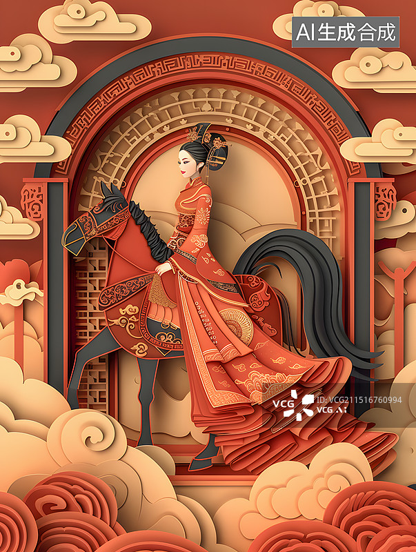 【AI数字艺术】3D立体剪纸风：花木兰图片素材