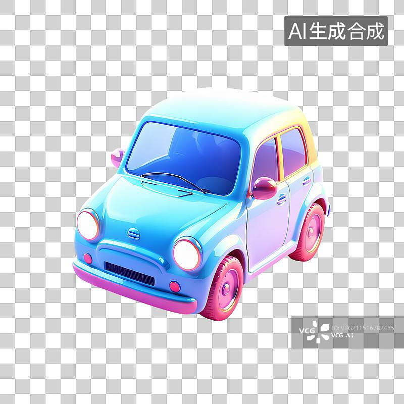 【AI数字艺术】3D渲染，炫彩粉色渐变色透明镭射卡通小汽车，图形图标，免抠素材图片素材