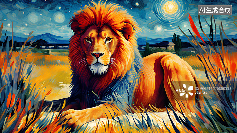 【AI数字艺术】油画手绘插画 狮子坐在地上的画像图片素材