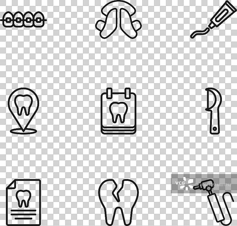 破损的牙齿、牙线和牙钻线条图标合集图片素材