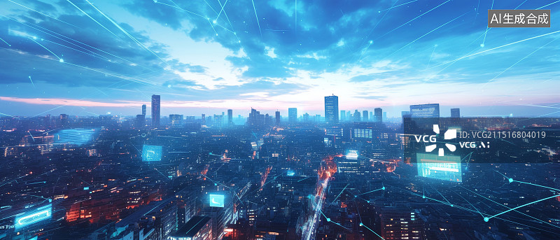 【AI数字艺术】夜晚城市天际线与河流的美丽景象，霓虹灯闪烁图片素材