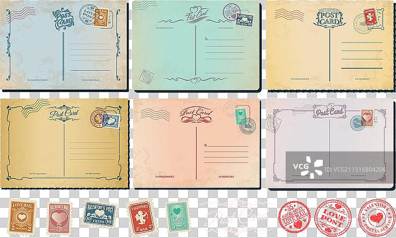 情人节复古明信片、邮票和邮件图片素材