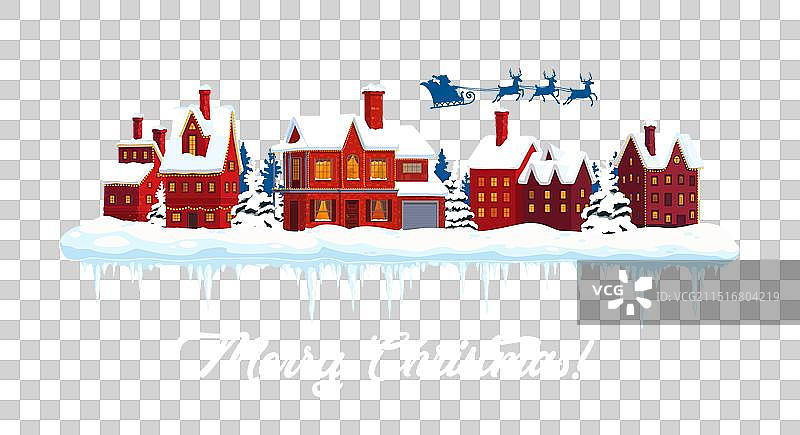 圣诞冬季小镇与圣诞老人雪橇图片素材