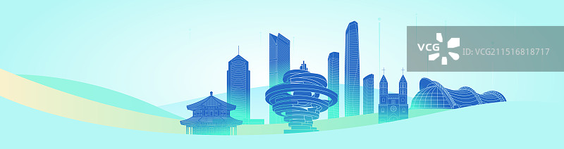 现代科技感青岛城市建筑渐变矢量插画图片素材