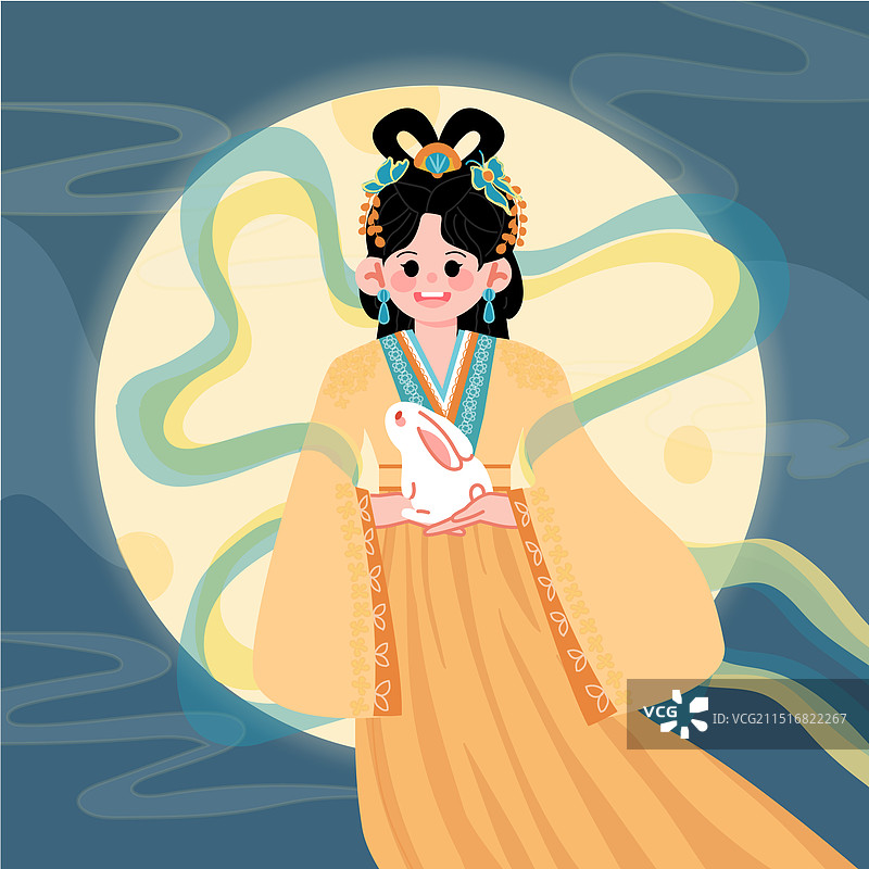 中秋节嫦娥抱着玉兔奔月图片素材