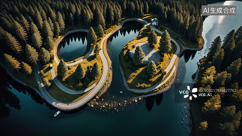 【AI数字艺术】湖畔森林中的蜿蜒道路鸟瞰图图片素材