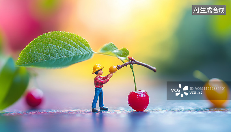 【AI数字艺术】樱桃树下的微型世界图片素材