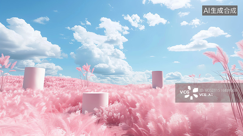 【AI数字艺术】天空下独特的圆柱形基座和平台，构成粉色世界中的展示舞台，适合作为高科技、护肤和电器等产品的展示台图片素材