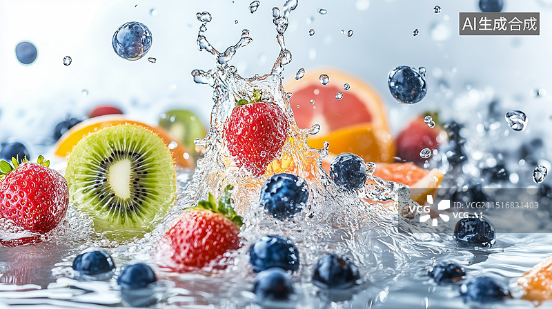 【AI数字艺术】草莓、猕猴桃、葡萄等不同颜色和类型的水果形成一幅色彩斑斓的水果盛宴美丽画面，给人一种清凉和放松的感觉图片素材