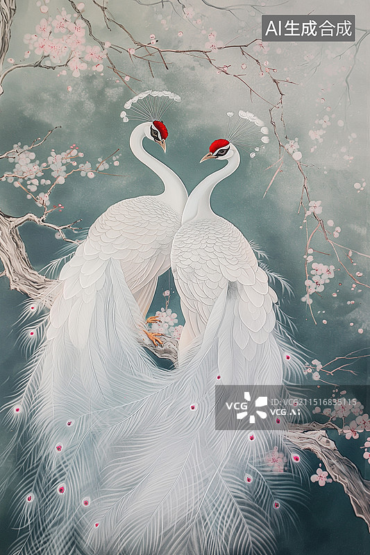 【AI数字艺术】两只白孔雀图片素材
